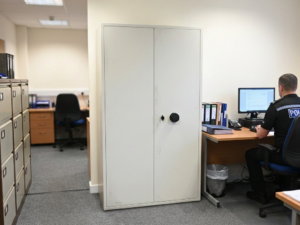 Rackline SafeStor tall security cabinet — workstation setting Rackline SafeStor tall security cabinet — workstation setting