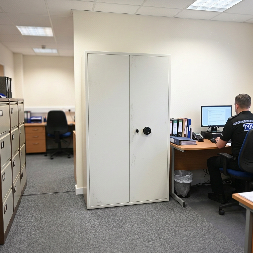 Rackline SafeStor tall security cabinet — workstation setting Rackline SafeStor tall security cabinet — workstation setting