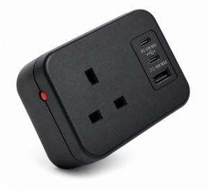 Black ICON One 18W desk power module with UK socket and USB-A/C charging