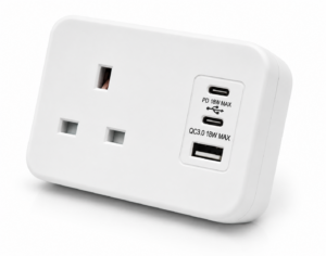 White ICON One 18W desk power module with UK socket and USB-A/C charging