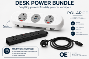 OE PolarIce white grey desk power bundle with 4 gang under desk power bar and 2m starter lead