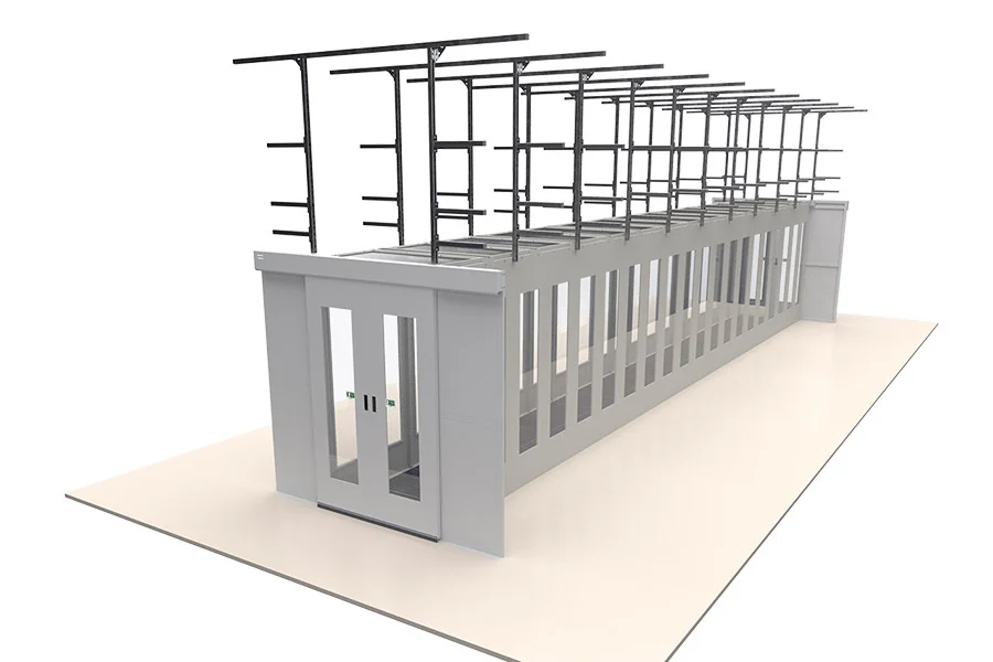 Illustration of suspended cold aisle containment with end doors and overhead framework