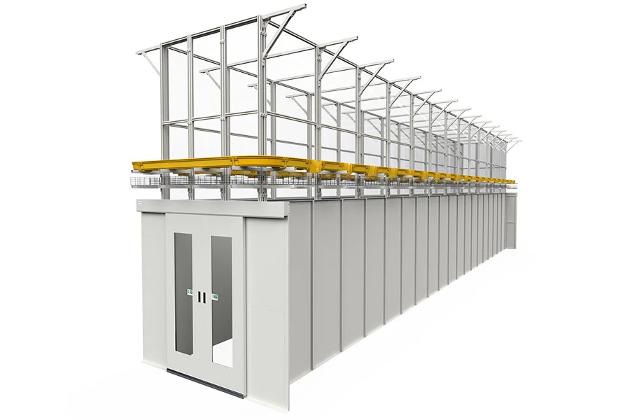 Illustration of suspended hot aisle containment with overhead support structure