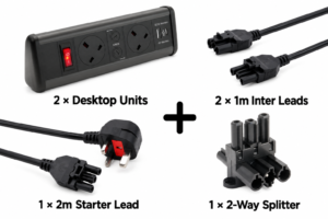Twin desk power bundle: two P-Pack desktop units, two 1m interconnecting leads, one 2m starter lead and one two-way splitter