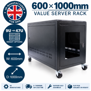 DRD UK manufactured 600 × 1000mm server cabinet, 9U to 47U, with 5–7 working day lead time