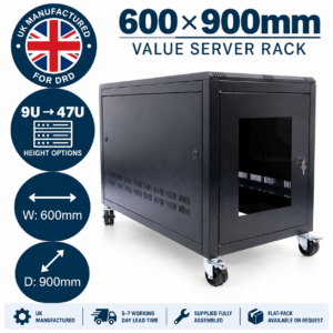DRD UK manufactured 600 × 900mm server cabinet, 9U to 47U, with 5–7 working day lead time