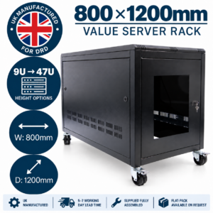 DRD UK manufactured 800 × 1200mm server cabinet, 9U to 47U, with 5–7 working day lead time