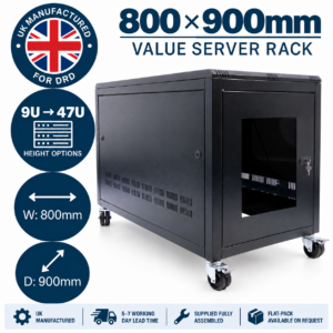 DRD UK manufactured 800 × 900mm server cabinet, 9U to 47U, with 5–7 working day lead time