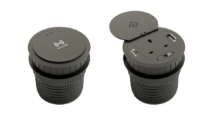 Black DRD Combo 80 in-desk power grommet shown open and closed, with UK socket, USB-A, USB-C and wireless charging lid