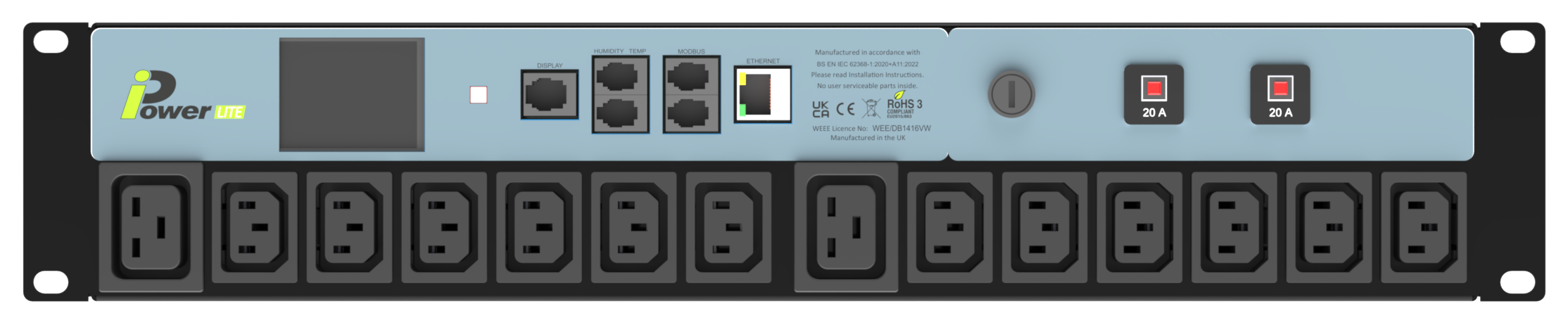 iPower Lite 2U monitored rack PDU, front view, example configuration