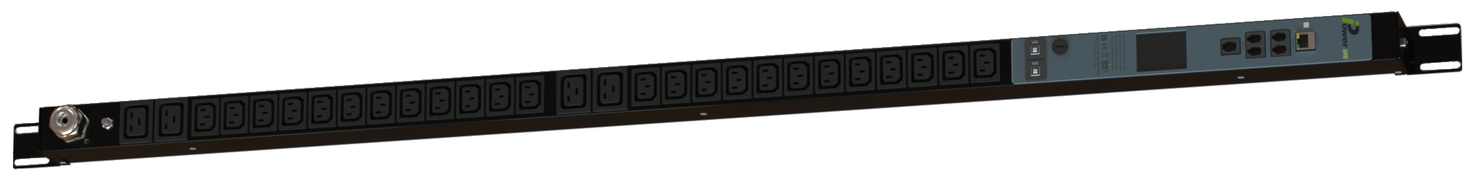 iPower Lite vertical monitored rack PDU, angled view, example configuration