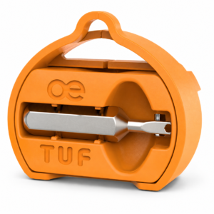 Orange OE TUF cartridge removal tool with stored metal bit on a white background