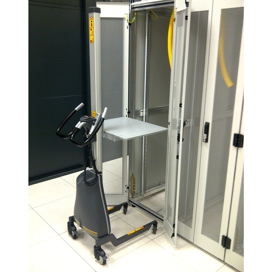 Battery server lifter positioned in front of a server rack for equipment installation