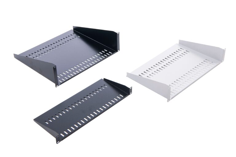 Example front-mount modem shelves for the UK-made cabinet range