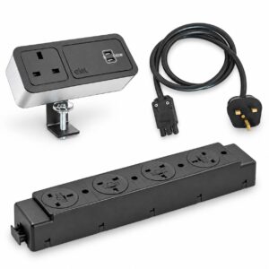 Black and silver ABL Axis65 desktop module with dual USB-C, four-socket under-desk PDU and starter lead